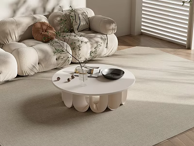 White Round Coffee Table With Green Plant Books And Black Bowl In Modern Living Room 3d model