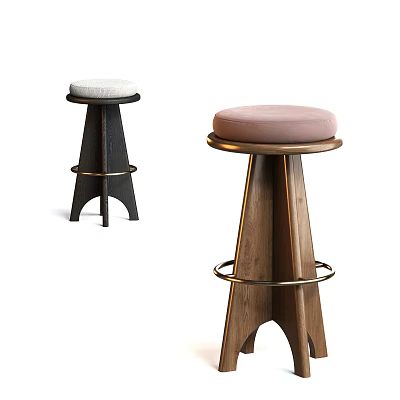 Modern Bar Stools With Wooden Frame Upholstered Seats And Metal Ring Accents 3d model