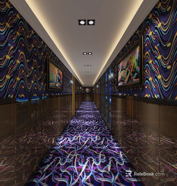 KTV Corridor Design With Colorful Wave Pattern Walls Colorful Carpet And Decorative Paintings 3d model 