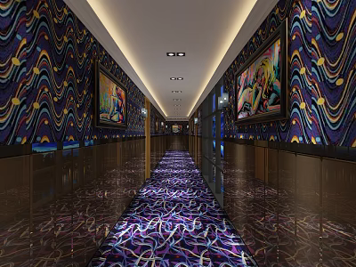 KTV Corridor Design With Colorful Wave Pattern Walls Colorful Carpet And Decorative Paintings 3d model
