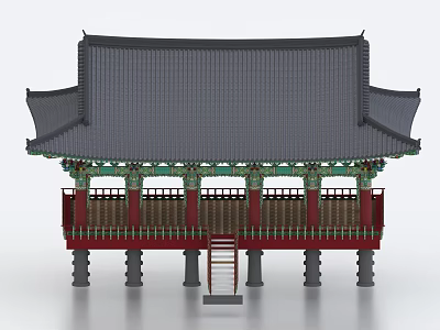 Ancient Architecture Featuring Traditional Roof Ornate Eaves Red Railings Green Decorations and Stone Stairs 3d model