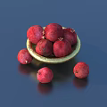 Red Fruits in Golden Bowl with Scattered Fruits on Dark Blue Tabletop