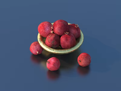 Red Fruits in Golden Bowl with Scattered Fruits on Dark Blue Tabletop 3d model