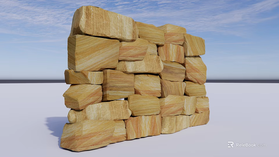 Rustic Outdoor Feature Wall With Irregular Light Brown Natural Stone Blocks 3d model