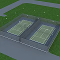 Outdoor Tennis Court With Green Surface White Lines Fences Streetlights And Net For Fitness