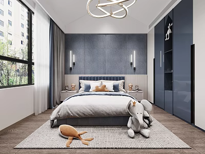 Modern Kids Room Interior Design With Bed Pillows Wall Lamps And Stuffed Toys On Rug 3d model
