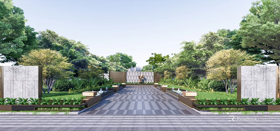 Scenic Landscape Feature Wall With Green Trees Striped Tile Pathway and Flower Beds 3d model 