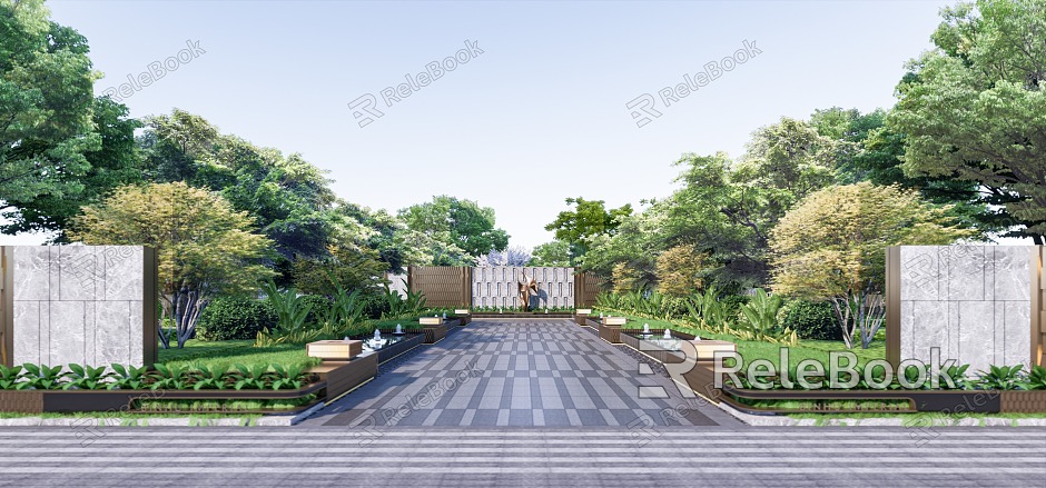 Modern landscape residential community symmetrical landscape ceremony wall model