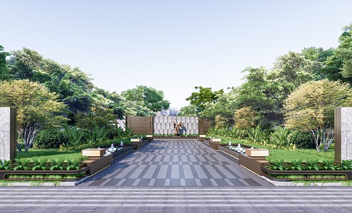 Modern landscape residential community symmetrical landscape ceremony wall 3d model