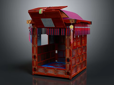 Traditional Red Wooden Commercial Equipment With Carved Patterns Tassel Decorations And Ornate Canopy 3d model