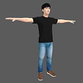 Man Standing With Outstretched Arms In Black T-Shirt Blue Jeans Brown Shoes Against Gray Background