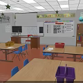 Colorful Classroom Interior With Tables Blue Chairs Bookshelves Globe Whiteboard And Green Star Decorations