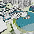 Residential Landscape Design With Curved Pond Lush Trees And High Rise Buildings