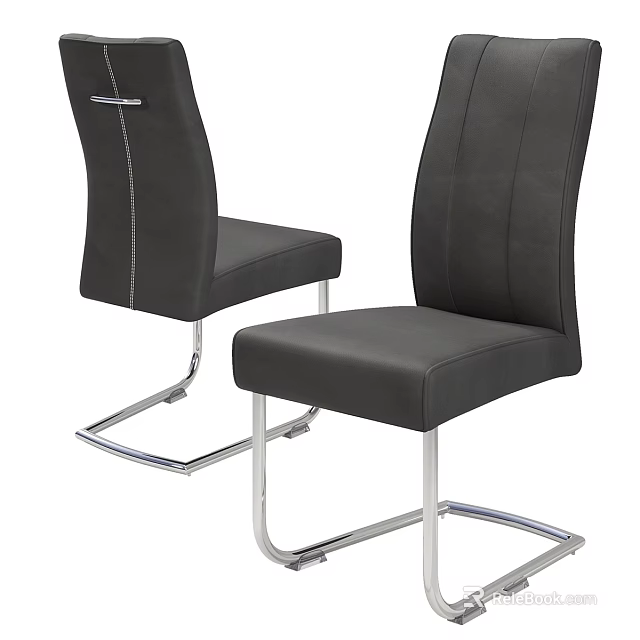 Modern Black Leather Stools With Stitched Backrest And Chrome Metal Legs 3d model