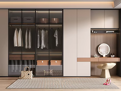 Modern Wardrobe With Glass Doors Open Design Storage Drawers And Dressing Table Mirror 3d model
