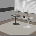 Black and White Round Side Tables with Curved Base Potted Plants Coffee Mug and Books