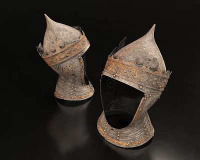 Two Rusted Ancient Warrior Metal Helmets With Spiked Tops And Riveted Details 3d model