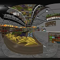 Spacious Supermarket Interior With Grocery Shelves Fresh Fruits And Product Signs
