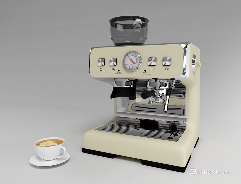 Cream Colored Kitchen Appliance Espresso Machine With Control Panel And Timer And Coffee Cup 3d model