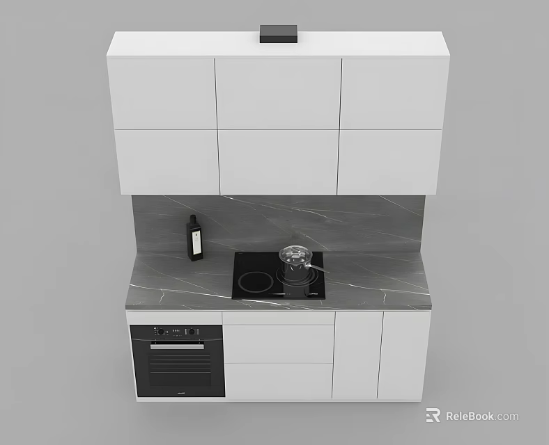 Modern White Kitchen Cabinets With Gray Marble Countertop And Black Appliances 3d model 