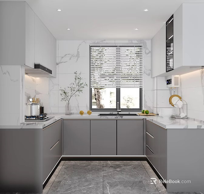 Modern Kitchen Interior With Gray Cabinets Marble Countertops And Window Blinds 3d model