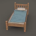 Single Bed With Wooden Slatted Headboard Blue Blanket And Light Colored Pillow