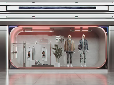 YND Modern Storefront Window Display With Mannequins Jackets Pants Plant And Curved Design 3d model
