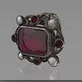 Ornate Silver Ring Featuring Square Red Gemstone And Round White Accent Stones 3d model