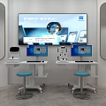 Bright Medical Devices Exhibition Hall with White Display Tables and Wall Showcases