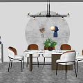 Modern Dining Table Set With Six Brown Backrest White Seat Chairs And Circular Gray Panel 3d model