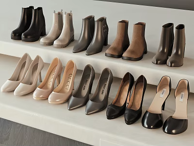 Various Styles And Colors Of Boots High Heels Neatly Arranged On White Stepped Display Shelf 3d model