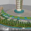Exhibition Model Display With Curved Platform Green Plants And Tower Structure 3d model
