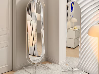 Elegant Modern Floor Mirror with Metal Stand and White Furniture Blinds 3d model