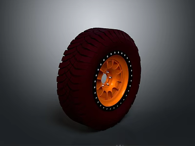 Car Off Road Tire With Dark Red Tread And Orange Riveted Rim Design 3d model