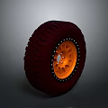 Car Off Road Tire With Dark Red Tread And Orange Riveted Rim Design