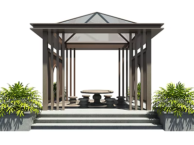 Traditional Wooden Pavilion With Glass Roof Surrounded By Green Plants Stone Table And Stools 3d model