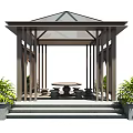 Traditional Wooden Pavilion With Glass Roof Surrounded By Green Plants Stone Table And Stools