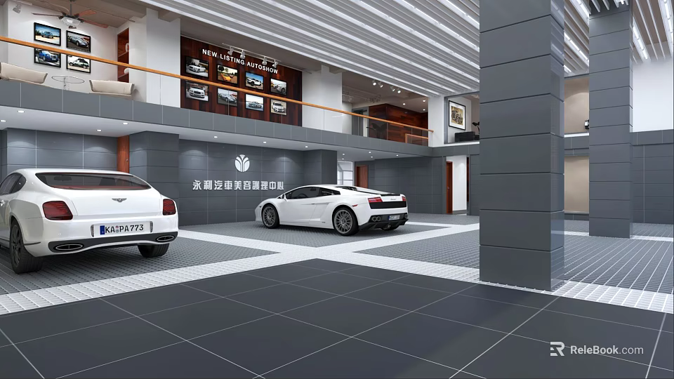 Modern Upscale 4S Auto Dealership Showroom Displaying Luxury Sports Cars With Spacious Elegant Interior 3d model 
