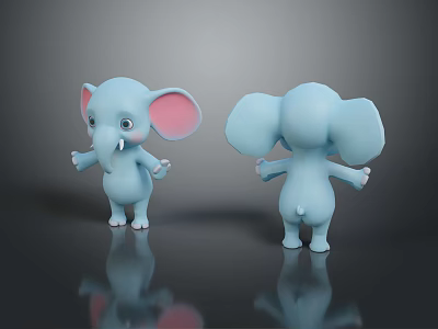Blue Cartoon Elephants With Pink Ears Front And Back Views Standing On Black Reflective Surface 3d model