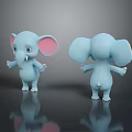 Blue Cartoon Elephants With Pink Ears Front And Back Views Standing On Black Reflective Surface