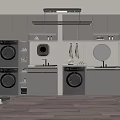 Modern Laundry Room With Two Washing Machines Cabinets Sink And Round Mirror