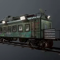 Vintage Green Train Car Featuring Tarpaulin Cover Wooden Crates Barrels And Overhead Lights On Tracks