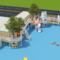 Kindergarten Outdoor Playground With Colorful Play Structures Trees Blue Floor And Safe Kids Activity Area