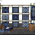 Blue and White Batik Cloths Display on Bamboo Frame With Various Patterns and Baskets 3d model
