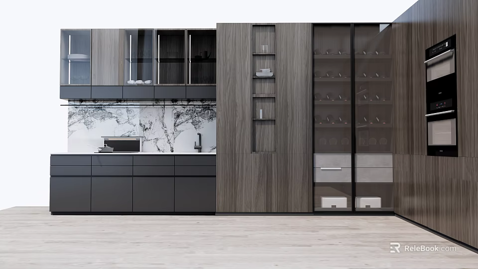 Modern Kitchen Interior With Stylish Cabinets Glass Doors And Storage Design 3d model 