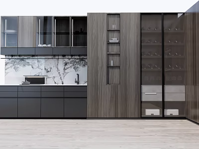 Modern Kitchen Interior With Stylish Cabinets Glass Doors And Storage Design 3d model