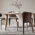 Modern Dining Table Set With Wooden Top Beige Chairs And White Blossom Vase