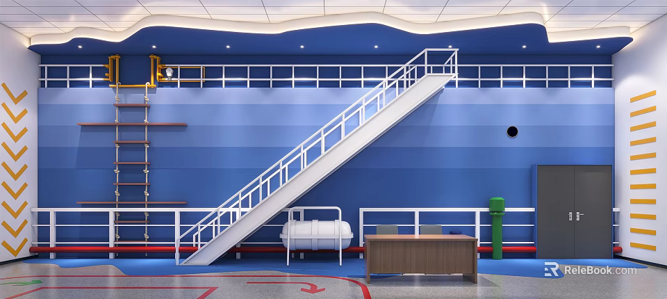 Industrial Space With Blue Wall White Staircase Metal Railing And Wooden Table 3d model 
