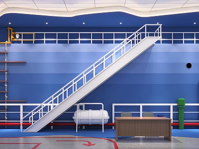 Industrial Space With Blue Wall White Staircase Metal Railing And Wooden Table 3d model