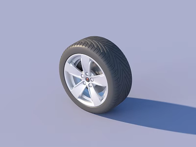 Car Tire with Silver Five Spoke Wheel Rim and Tread Pattern 3d model